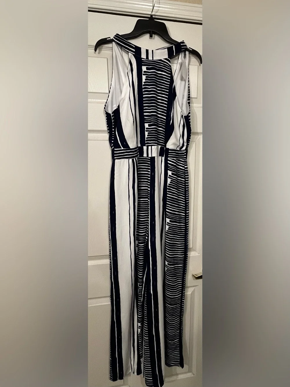 High-Neck Striped Wide-Leg Jumpsuit - Navy & White - Picture 3 of 4